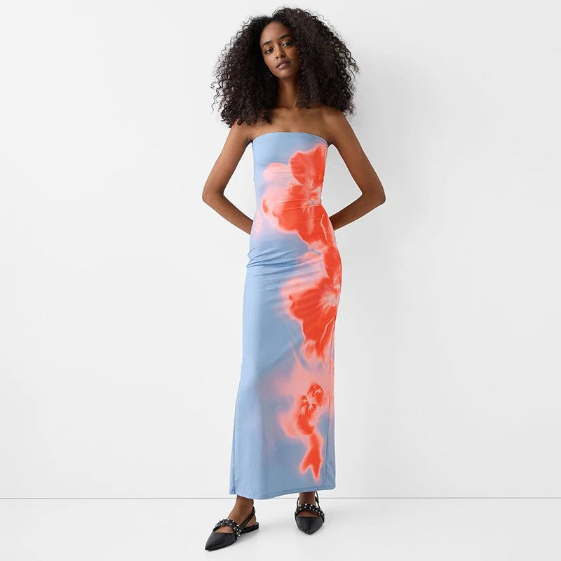 Sexy Strapless Print Tube Maxi Dress Women off Shoulder Backless Stretch Long Sundress 2024 Summer Beach Y2K Clothes